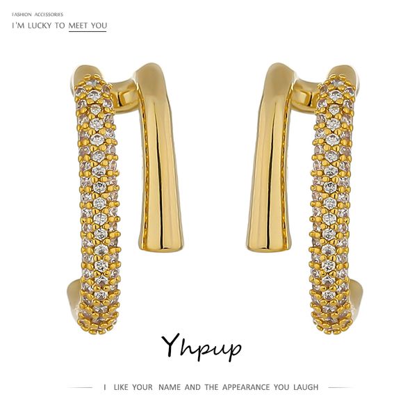 

yhpup korean rhinestone small stud earrings for women gold color metal texture earrings copper jewelry kolczyki wedding gift, Golden;silver