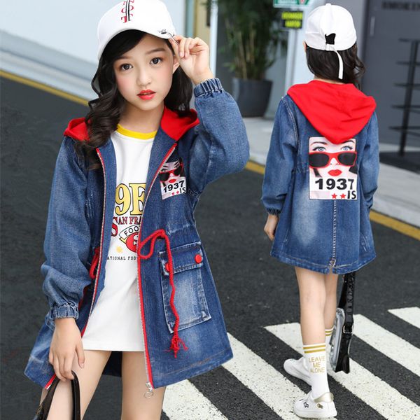 

children's clothing autumn section girls mid-length denim jacket hooded windbreaker, Blue;gray