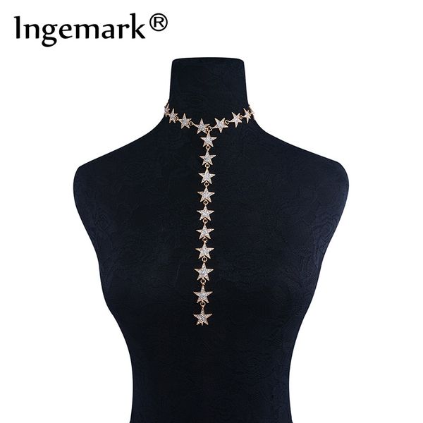 

ingemark fashion crystal stars pendant choker necklace accessories sweet shiny long chain necklace new year sweater neck jewelry, Silver