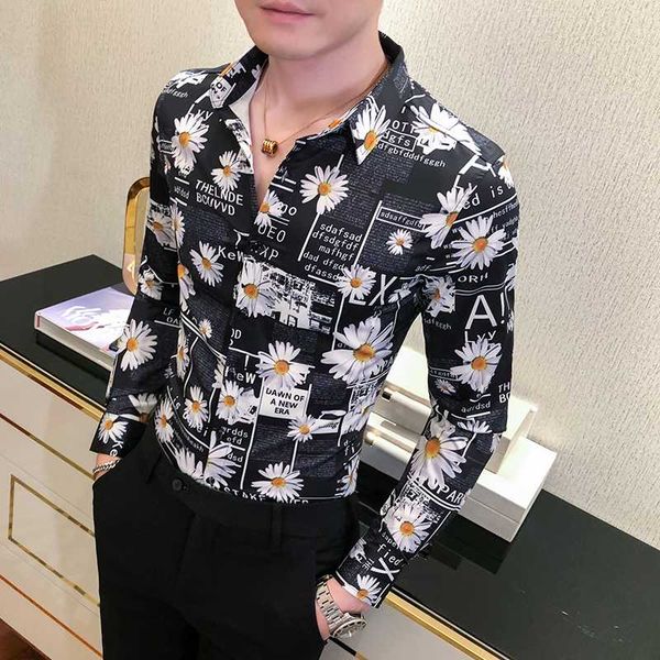 

british style autumn men floral shirts casual fashion 2020 long sleeve shirts for men slim fit night club prom tuxedo streetwear, White;black