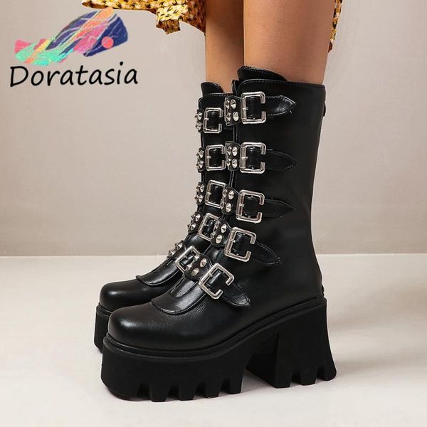 

doratasia cool women brand designer casual shoes chunky heel boots women buckle platform chunky heel winter boots, Black