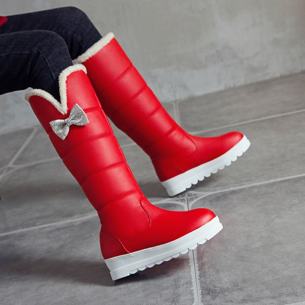 

2020 crystal butterfly-knot sweet knee high boots wwoman inter warm fur women shoes slip on round toe snow boots size 34-43, Black