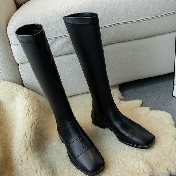 

knee high boots classic design patchwork genuine leather square toe shoes women autumn winter shoes woman low heels, Black