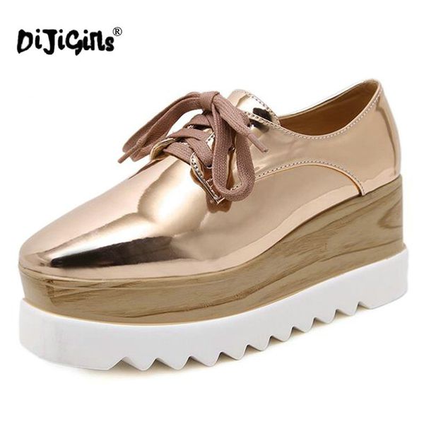 

2020 european brogue shoes woman spring patent leather oxford platform shoes lace-up creepers bullock, Black