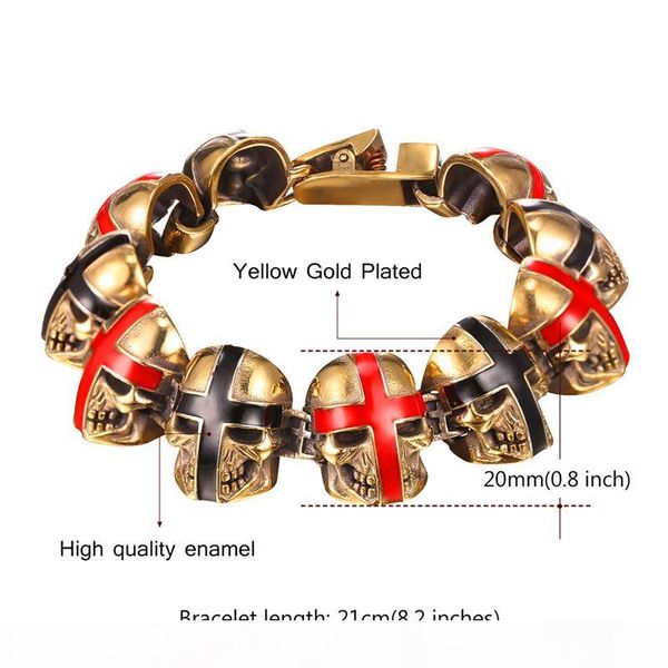 

перекрестные черепа шарма с черной эмалью красного цвета 18k позолоченный браслет из нержавеющей стали punk стиль для мужчин, Black