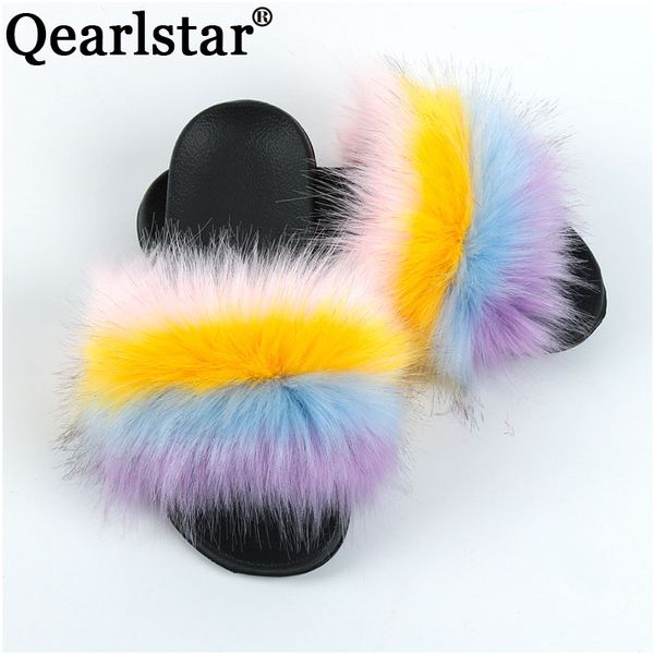 

qearlstar 2020 new women summer faux fur slippers slides fashion luxury female flat shoes fluffy flip flops sandals hy15, Black