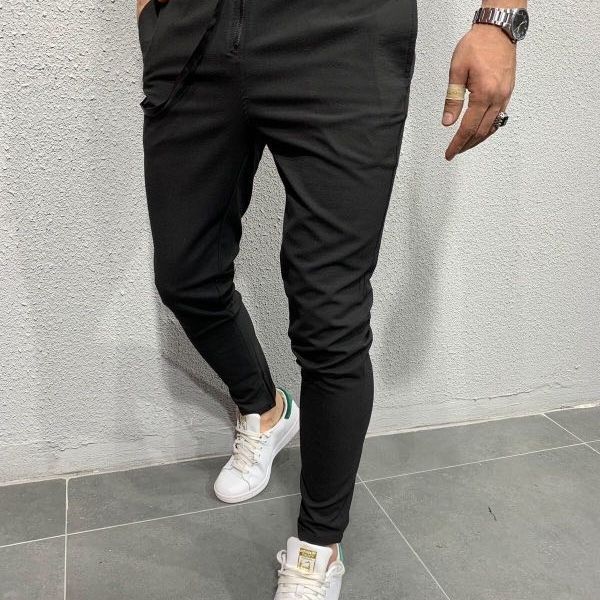 

men's tattered fabric leisure jogging leggings european and american men's leisure full length pencil pants, Black