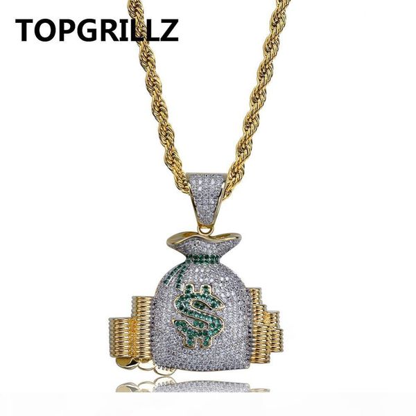 

rillz money bag stack iced out cash coins pendant necklaces copper gold color cubic zircon hip hop men charm jewelry gifts, Silver