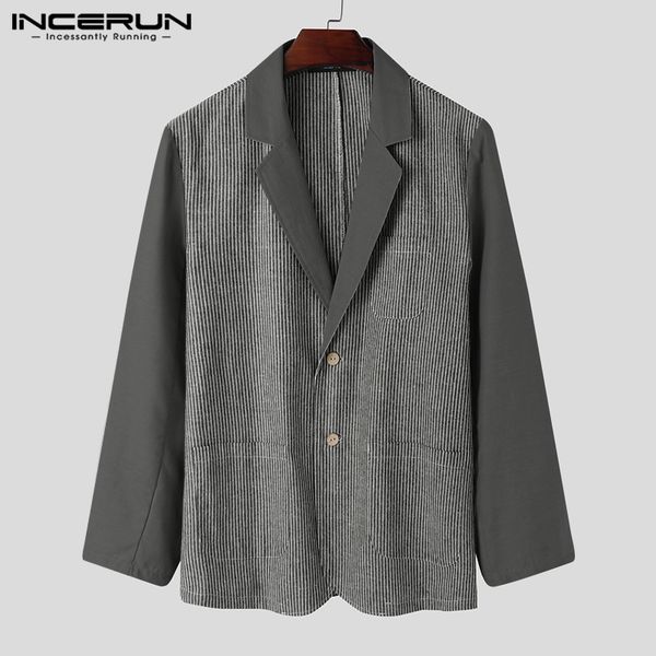 

incerun fashion men blazers long sleeve lapel striped patchwork outerwear 2020 streetwear chic autumn men casual suits harajuku, White;black