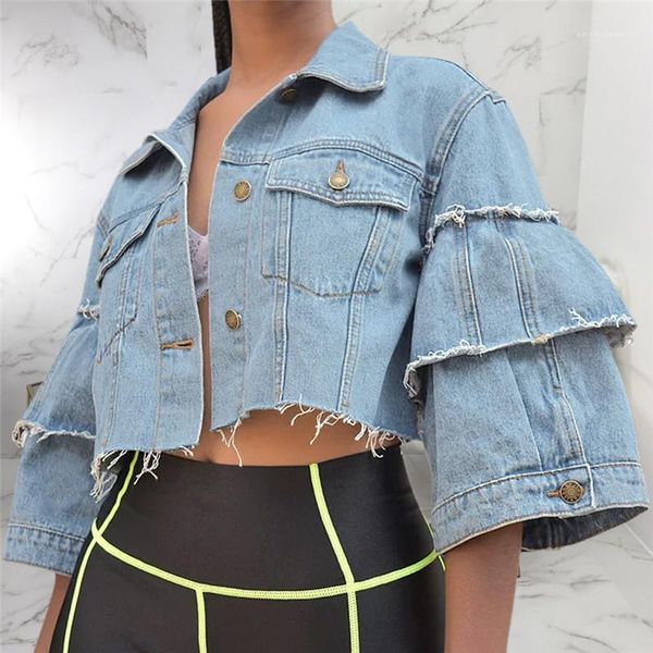 

flare sleeve femmes crop denim jacket fashion shorts streetwear designer burrs womens jeans jacket fashion, Black;brown