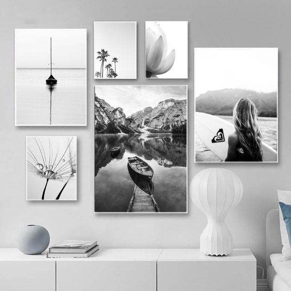 

lake boat nature black white nordic posters and prints lotus flower wall art canvas painting wall pictures for living room decor