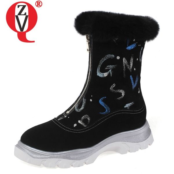 

zvq winter new fashion snow boots outside comfortable mid heels platform cow suede round toe zip women shoes drop shipping, Black