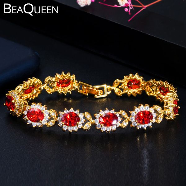 

link, chain beaqueen gorgeous gold color jewelry big oval round cubic zirconia leaf flower shape deep red bracelets for women b200, Black
