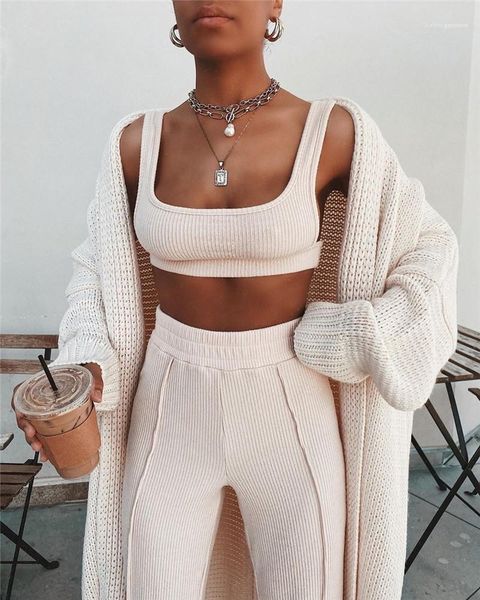 

pants fashion natural color active suits casual sleeveless crop long pants reset 2020 women designer two piece, White