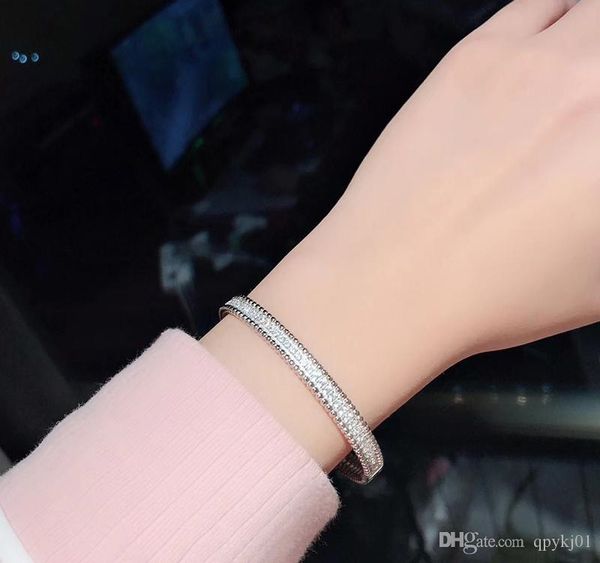 

brand pure 925 sterling silver jewelry for women full stone thin silver bangle clover bangle wedding jewelry around beads bangle82, Black