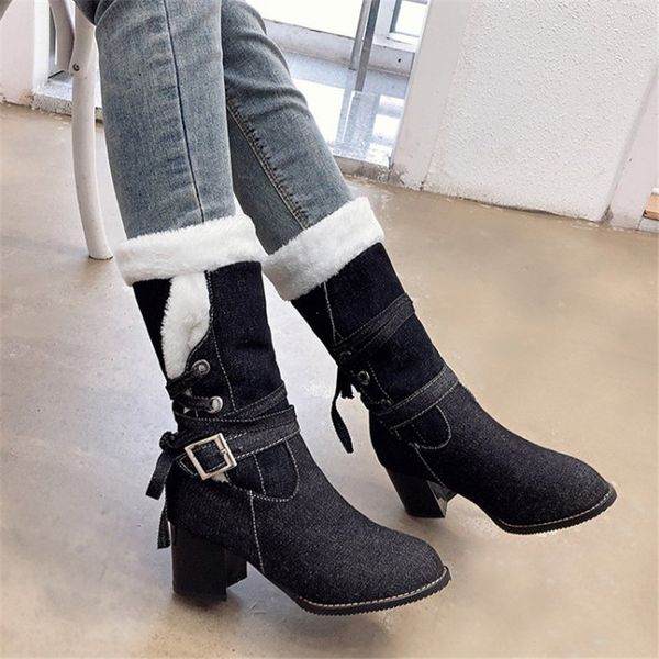 

large size 47 mid calf denim boots women shoes plush winter boots women high heels ladies shoes, Black