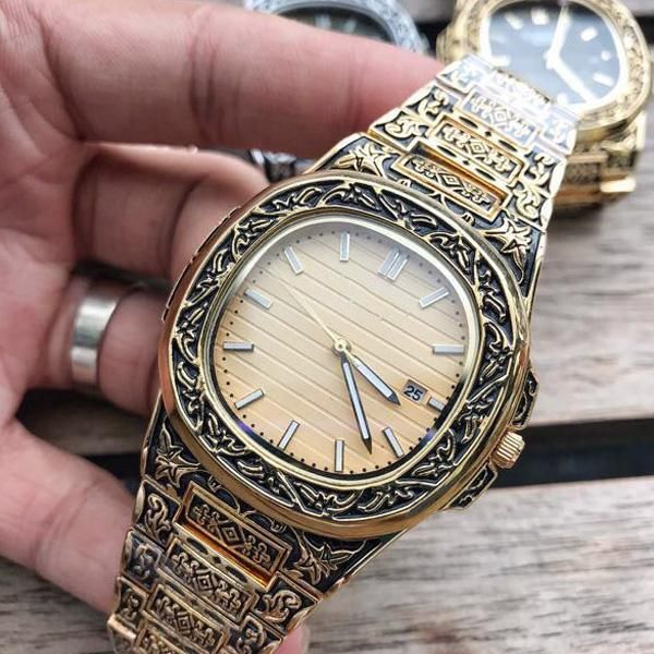

luxury designer men's watches 2019 new black carving quartz watch men watch carving watchband butterfly clasp 42mm free shipping