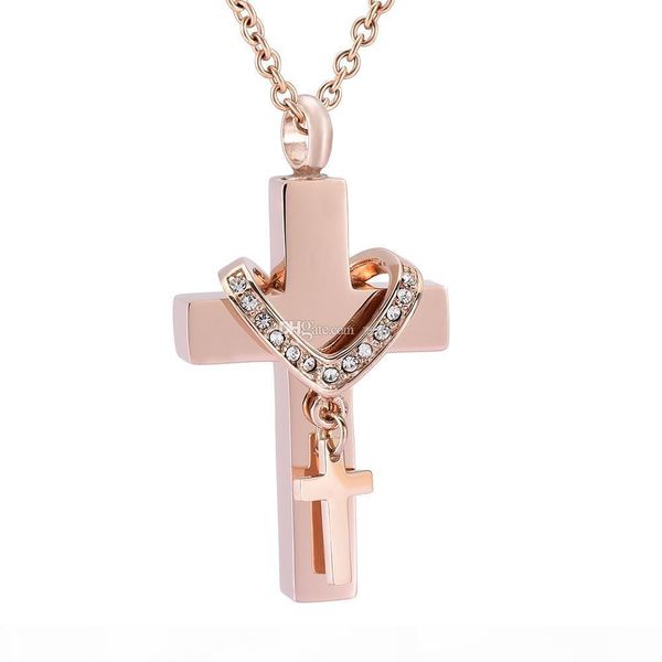 

crystal double cross ashes keepsake memorial jewelry stainless steel ashes keepsake cremation urn necklace, Silver