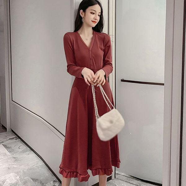 

casual dresses long sleeve solid spring autumn dress women v-neck high waist loose ruffles hem women's vintage, Black;gray