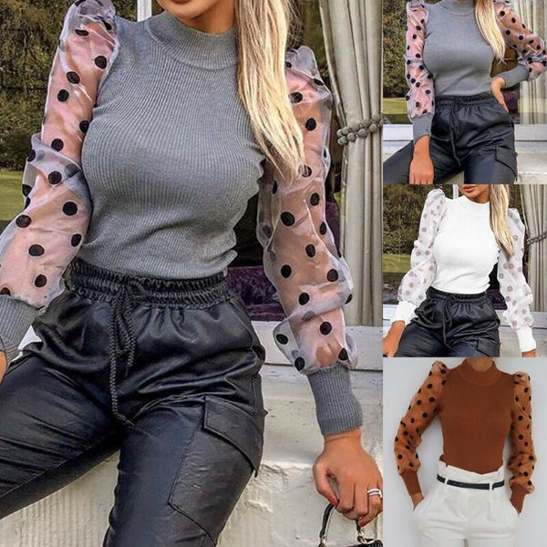 

мода casual sexy высокой шеи комбинезон женские bodycon с длинным рукавом комбинезона ретро горошек printed рукава трико tops bodysuit, Black;white
