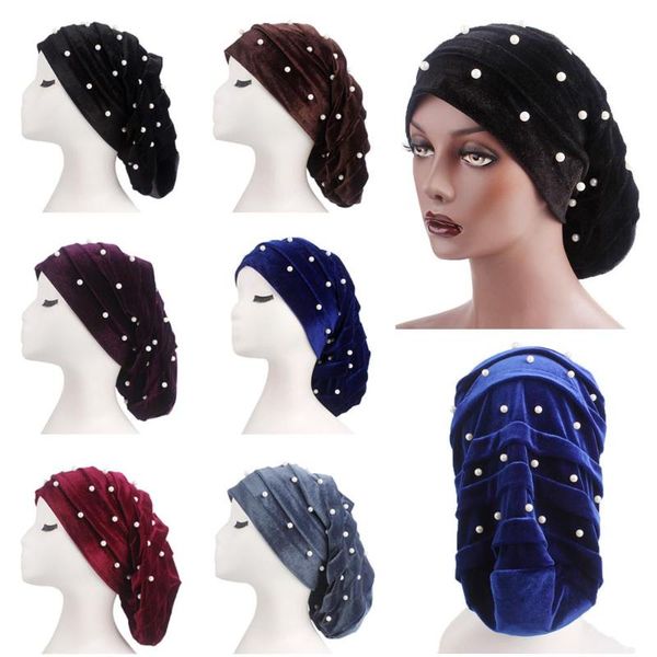 

womens velvet muslim turban chemo cap baggy hat bandana hair loss bonnet pearls caps islamic bonnet arab beanie skullies fashion, Blue;gray