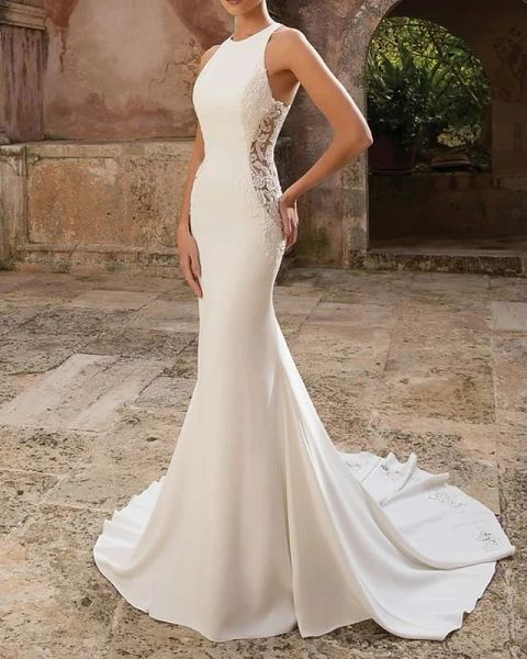 

mermaid / trumpet wedding dresses jewel neck floor length polyester sleeveless country illusion detail with draping appliques, White