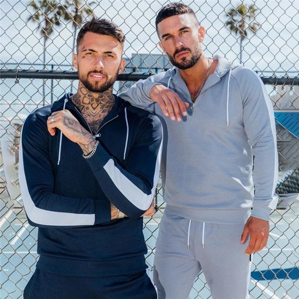 

zip neck hoodie mens tracksuits solid color fashion long sleeve trousers mens designer two piece set striped, Gray