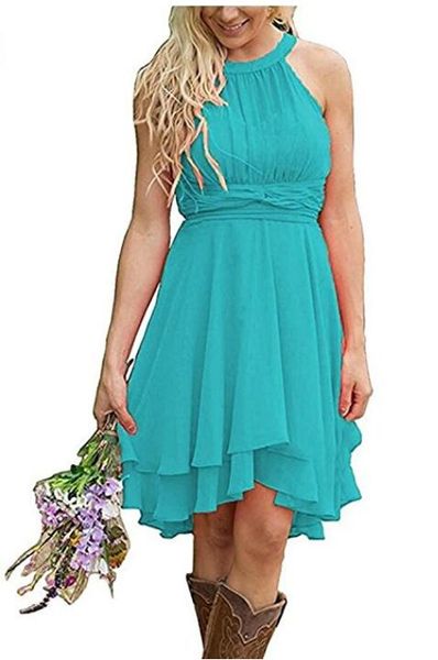 

Elegant Country Bridesmaid Dresses Short Turquoise Maid of Honor Dress High Low Halter Neck Ruched Summer Boho Dresses Wedding Guest Wear