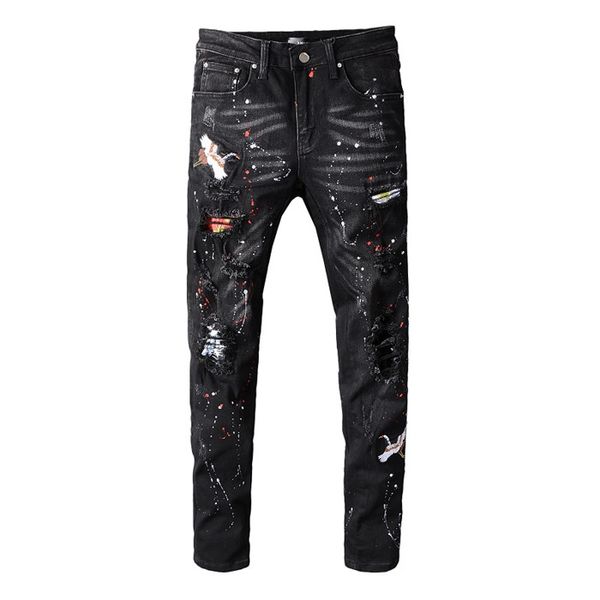 

new arrival new mens distressed ripped biker jeans slim fit frayed denim for men embroidery star point black pants, Blue
