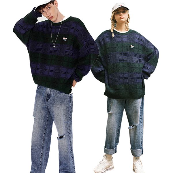 

couples sweater cardigan lovers wear knitted sweater men and women round neck sweater autumn new contrast color loose, White;black