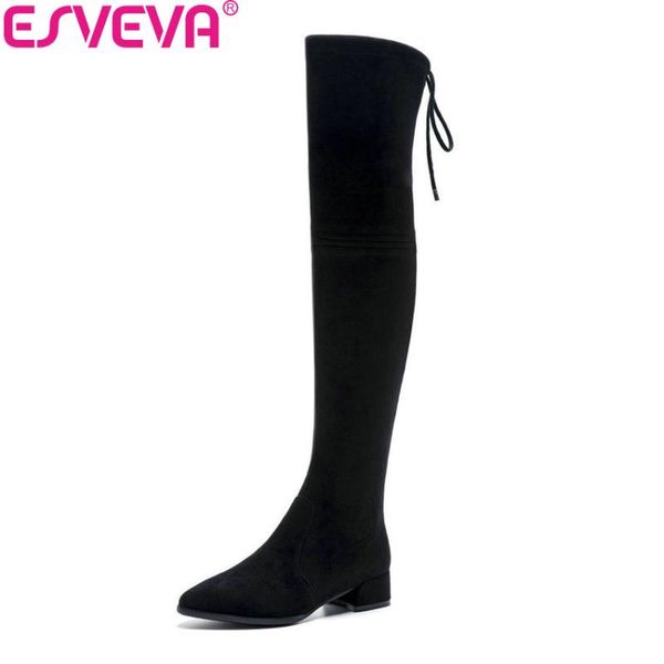 

esveva 2020 women boots square heels stretch fabric spring autumn shoes over the knee boots pointed toe woman size 34-42, Black