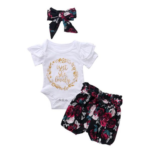 

2020 summer baby girls outsuits short sleeve round collar rompers + floral print shorts + bowknot headband set 0-18m clothing, White
