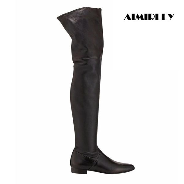 Winter Damen Runde Zehen Flache Ferse Overknee Stiefel Oberschenkel Hohe Stiefel Plus Size Schwarz Maßgeschneiderte Schuhe Handgemacht Großhandel