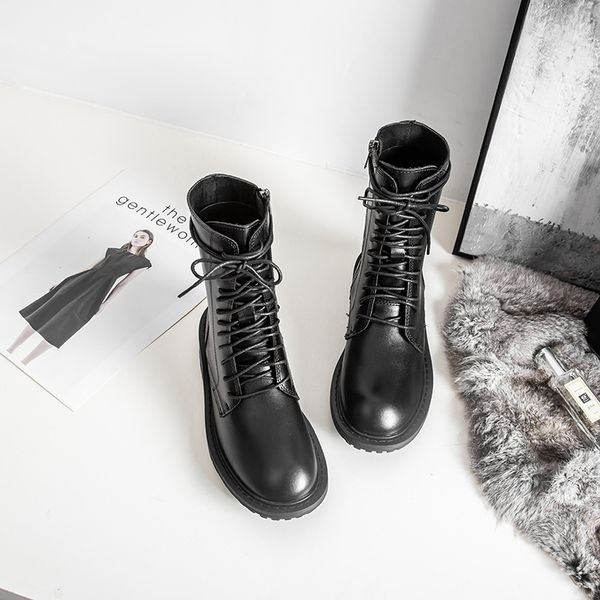 

round toe women's leather boots autumn shoes boots-women booties woman 2020 low heel zipper lolita rubber riding rock ladies, Black