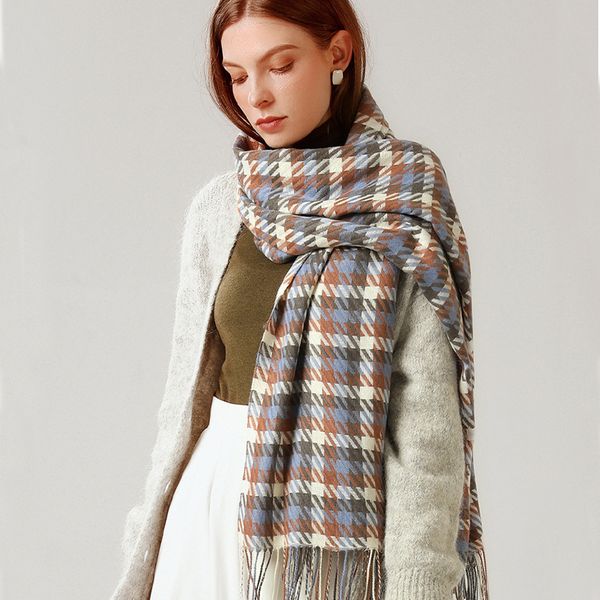 

scarves women wrap long check pattern shawl colourful plaid houndstooth winter warm thick cashmere with tassel, Blue;gray