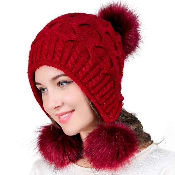

ht2734 thick warm women winter hat fur hat pompoms skullies beanies lady knitted female solid beanie, Blue;gray