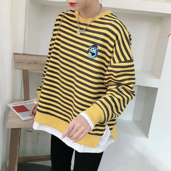 

b2250 2020 spring new embroidered cartoon contrast color t-shirt women's korean style loose long sleeve pullover pullover pulloverembro, Black
