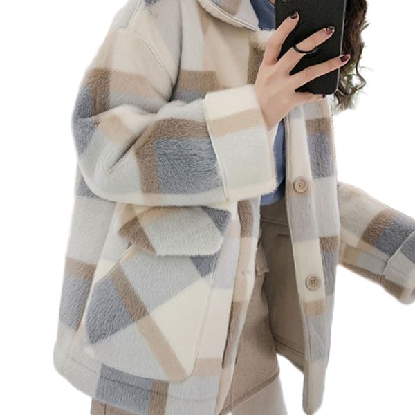

women's wool & blends winter jacket women plaid woolen coat thickening straight large size woman coats, Black