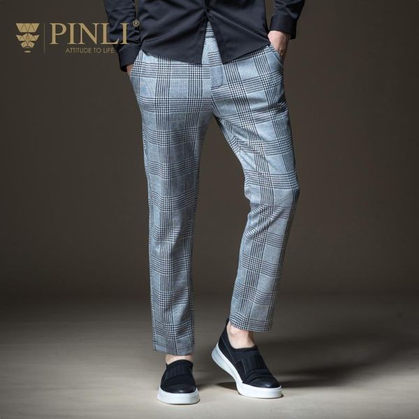 

pinli 2020 summer new discount clearance loose elastic waist plaid straight pencil pants casual men british light trousers, Black