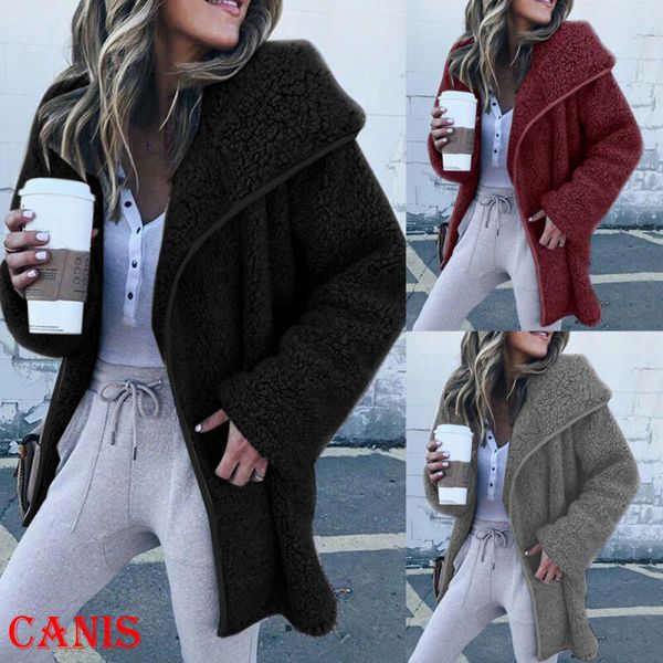 

women's wool & blends 2021 winter arrival women fleece parka jacket coat ladies overcoat outwear thick warm teddy bear pocket cardigan, Black