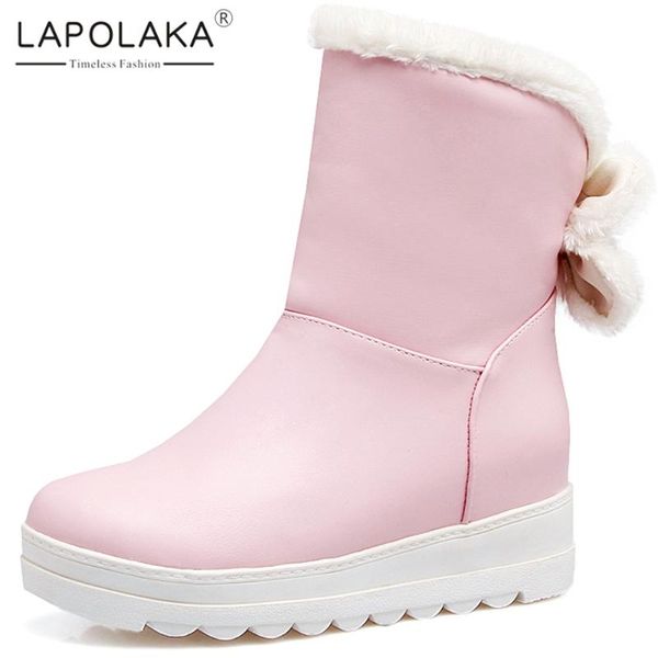 

boots lapolaka 2021 arrivals large size 30-42 increasing heels ankle woman shoes platform slip on add fur warm winter, Black