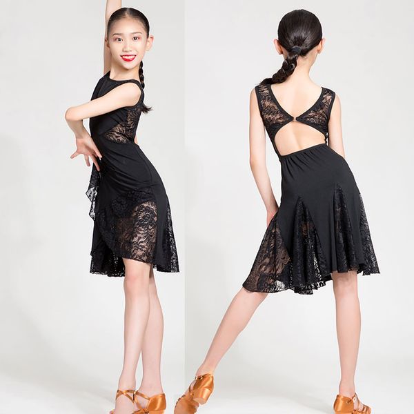 

new children's latin dance dance clothes girls ballroom dress sleeveless lace stitching backless practice dresses dl6184, Black;red