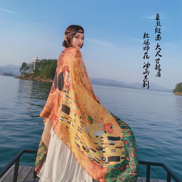 

scarves spring and summer silk satin digital printing oil painting large size scarf travel beach towel shawl women, Blue;gray