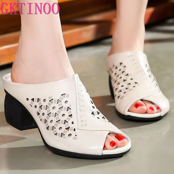 

gktinoo women leather slippers high heels summer shoes for women peep toe handmade genuine leather beige slippers 2020, Black