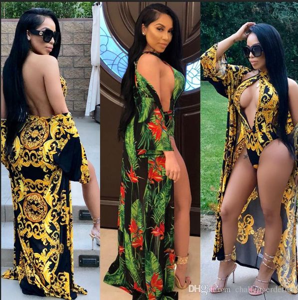 

2019 fashion retro printed slim halter cloak bikini split swimsuit fashion age reducing beach swimwear