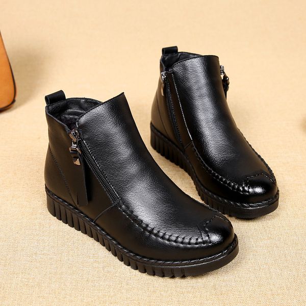 

mom ankle snow boots female winter waterproof leather plush shoes women classic wedges boots, Black
