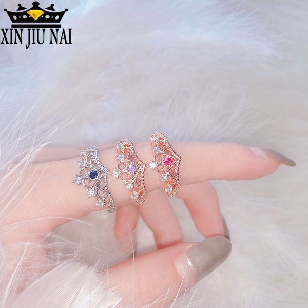 

europe and the united states creative minimalist diamond ladies ring crown shape amethyst sapphireruby 18k rose gold ring 925, Golden;silver