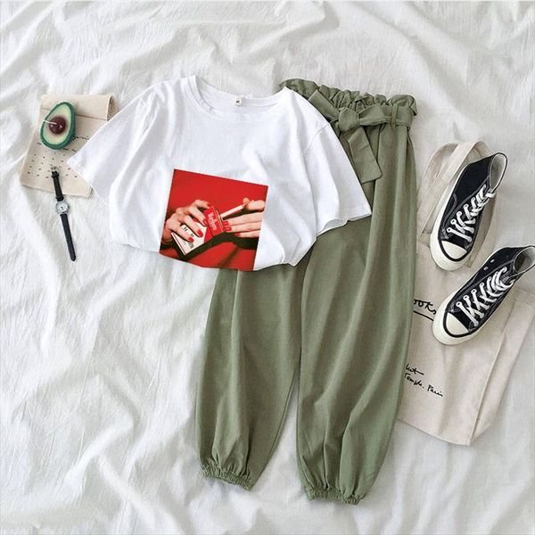 

summer 2 piece sets women plus size tshirts long pants two piece set female printed casual suits cartoon outfits clothing, Gray