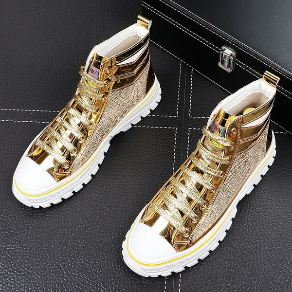 

new designer men high rhinestone gold silver casual shoes for men thick bottom flats shoes loafers male skateboard sneakers, Black