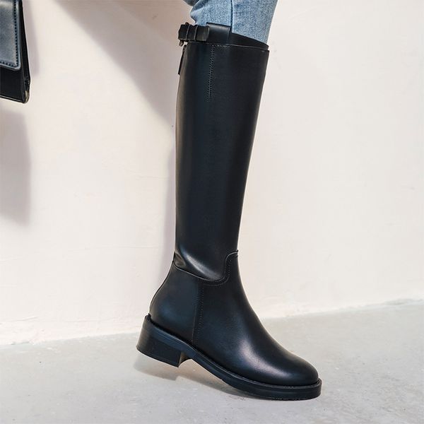 

genuine leather slim female riding boots buckle 4cm med heels night club shoes woman winter warm long women knee high boots, Black